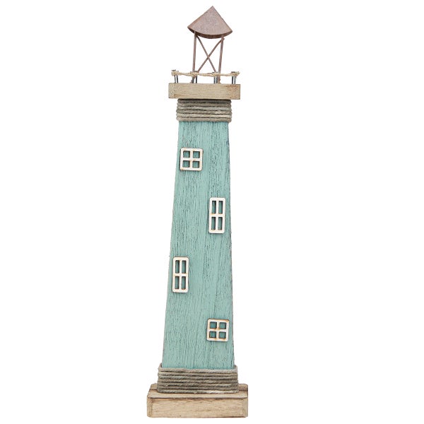 Dekorativer Leuchtturm aus Holz mit Seildetails und Fenstern