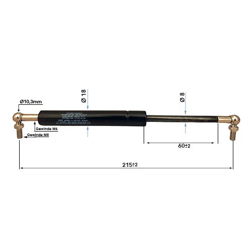 Gasdruckfeder mit Maßangaben: Gesamtlänge 215 Millimeter, Hub 60 Millimeter, Zylinderdurchmesser 18 Millimeter und Gewinde M6 und M8.