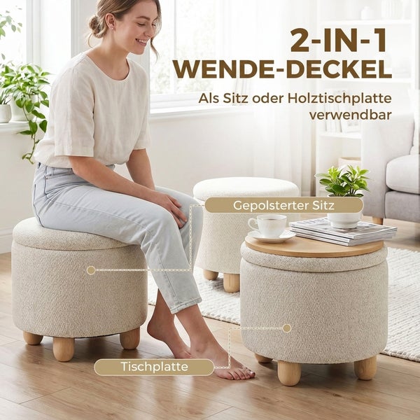 Eine Frau sitzt auf einem runden Polsterhocker mit zwei in eins Wende-Deckel, der als Sitz oder Holztischplatte verwendet werden kann.