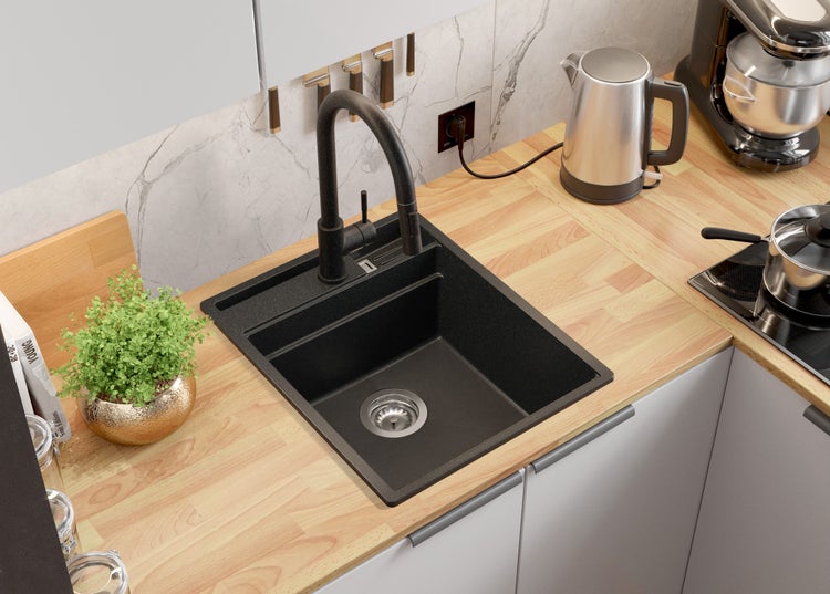 PRIMAGRAN Spülbecken Anthrazit 43x53cm, Granitspüle 1 Becken + Ablauf-Set + Küchenzubehörset, Küchenspüle ab 45er Unterschrank - Oslo Pocket