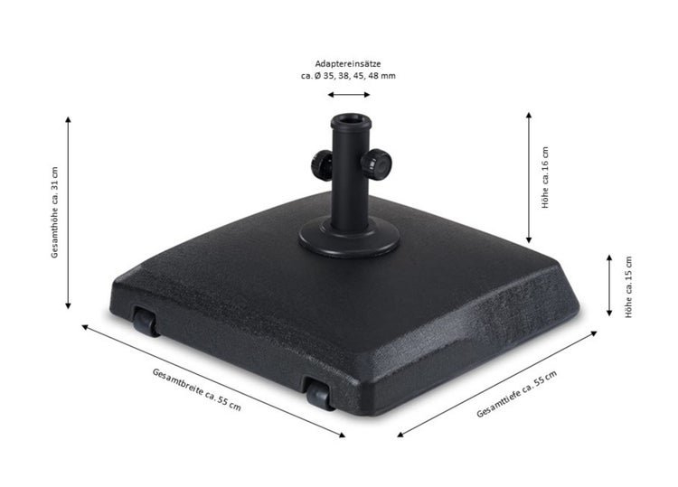 Sonnenschirmständer mit Rollen, Höhe circa 31 Zentimeter, Breite und Tiefe circa 55 Zentimeter, inklusive Adapter für verschiedene Durchmesser.
