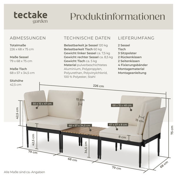 Gartenlounge-Set tectake Magaluf Armlehnen mit Seitentaschen, stapelbar 5 in 1 Funktion, 5-fach verstellbare Lehne, dicke Polsterung anthrazit/grau