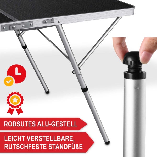 Klapptisch mit robustem Aluminiumgestell und höhenverstellbaren, rutschfesten Standfüßen.