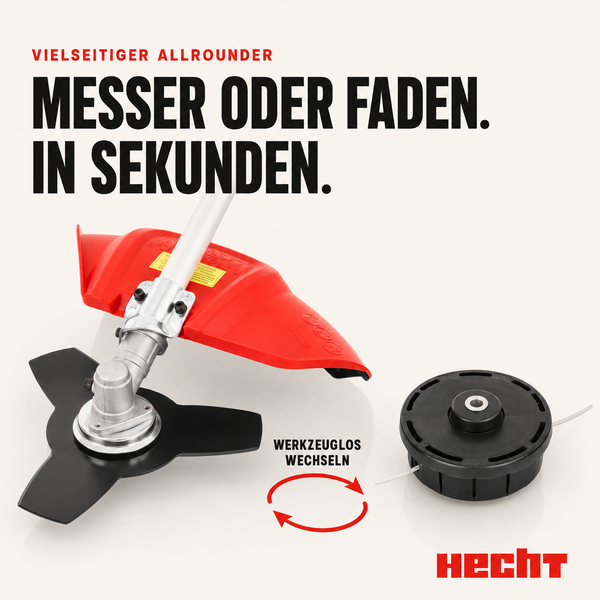 Hecht Freischneider-Kopf mit Drei-Zahn-Messer und Fadenspule zum werkzeuglosen Wechseln. Hecht Logo.