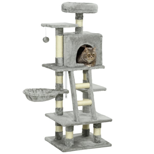 PawHut Katzen Kratzbaum mit Katzenhöhle 132 cm Katzenbaum mit Hängematte Spielball, Korb, Kletterbaum für Katzen bis 4,5 kg Kratzmöbel, Sisal, Grau