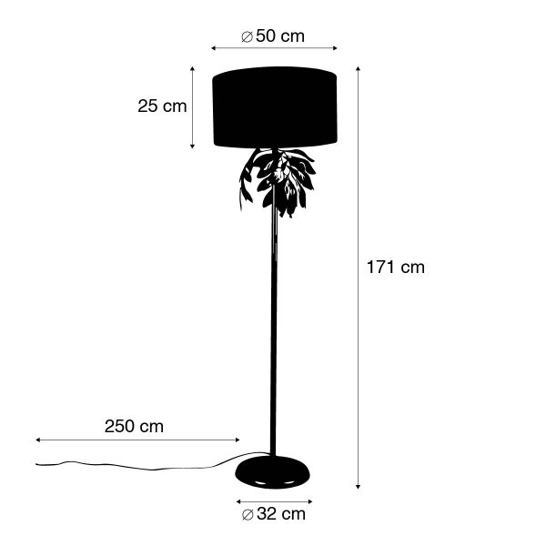 Abbildung einer Stehlampe mit den Maßen 50 x 25 Zentimeter für den Lampenschirm, 171 Zentimeter Gesamthöhe und 32 Zentimeter Durchmesser für den Lampenfuß