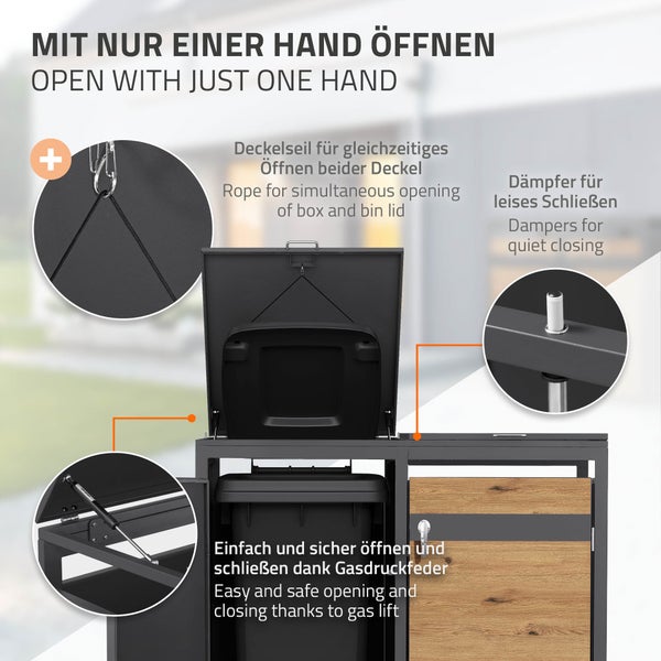 Mülltonnenbox aus Metall und Holz mit Gasdruckfeder, Deckelseil zum gleichzeitigen Öffnen und Dämpfern für leises Schließen.