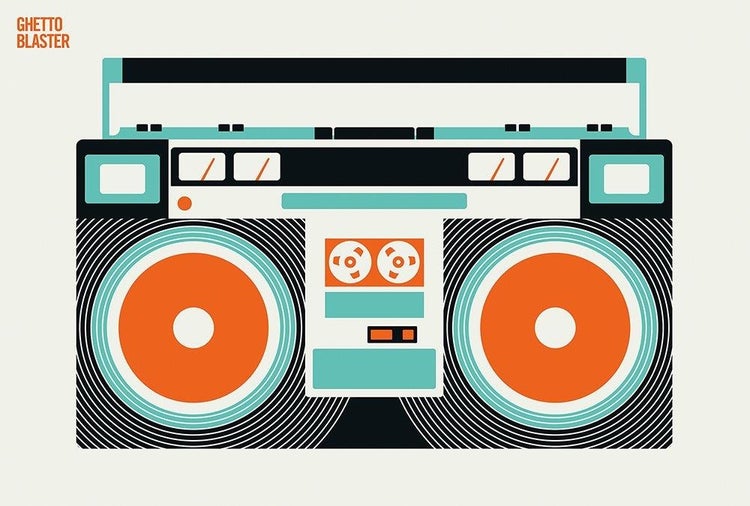 Grafische Illustration eines Ghetto-Blasters im Retro-Design mit großen Lautsprechern und Kassettendeck.