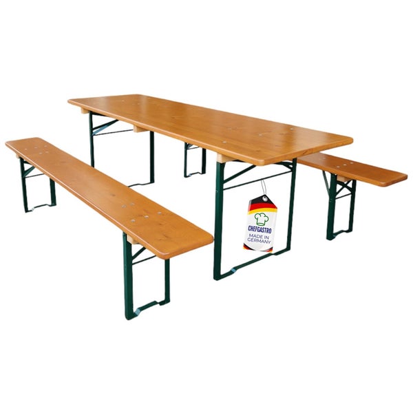 Biertischgarnitur aus Holz mit einem Tisch und zwei Bänken, klappbare Metallbeine, ChefGastro Logo, Hergestellt in Deutschland.