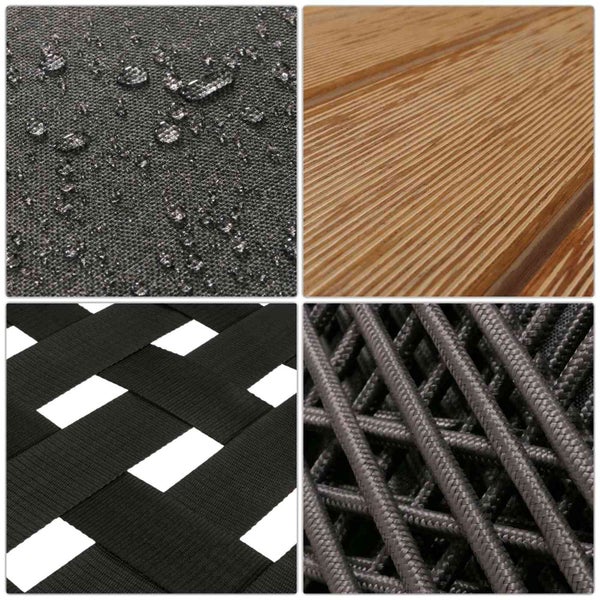 Collage verschiedener Materialien für Gartenmöbel: wasserabweisender Stoff, geriffeltes Holz, Gurtband und Geflecht.