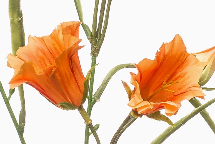 Künstliches Gras mit roten trichterförmigen Blüten auf hohen grünen Stielen.