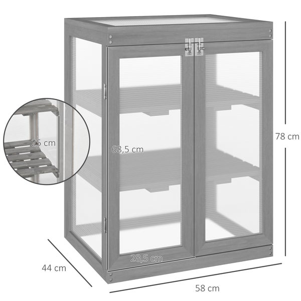 Outsunny 3 Stufen Gewächshaus, wetterfest Treibhaus mit zwei Türen, Frühbeet aus Holz Polycarbonat, Frühbeetkasten bis 15 kg Belastbar (je Einlegeboden) 58 x 44 x 78 cm Dunkelgrau