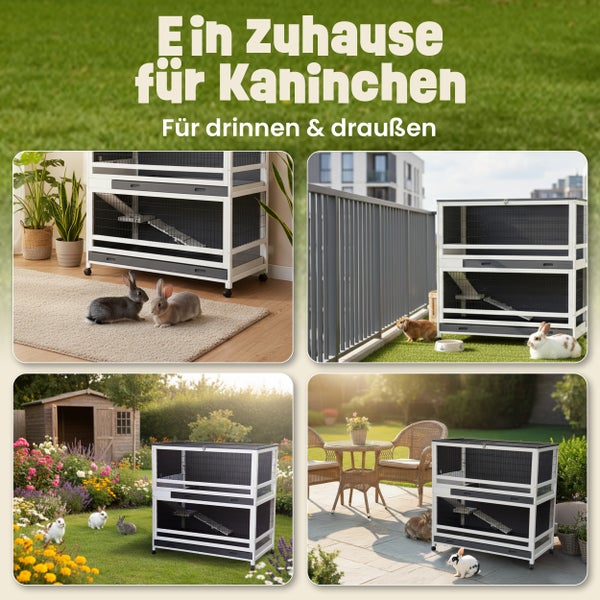 Hasenstall Kaninchenstall zooprinz Oskar 115x118x60cm Mobil 2 Etagen Kunststoff-Schubladen