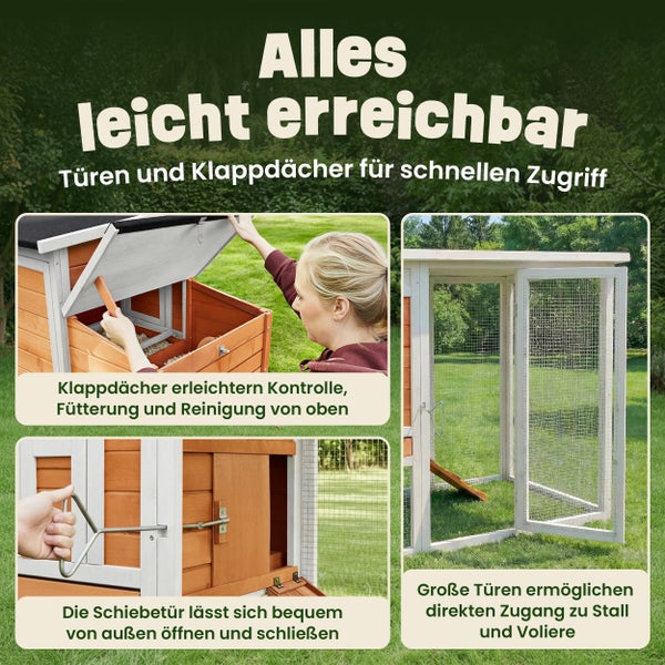 Hühnerstall aus Massivholz mit separatem Nistkasten, Eiern auf Einstreu und Sitzstangen im Innenbereich mit einem Huhn.