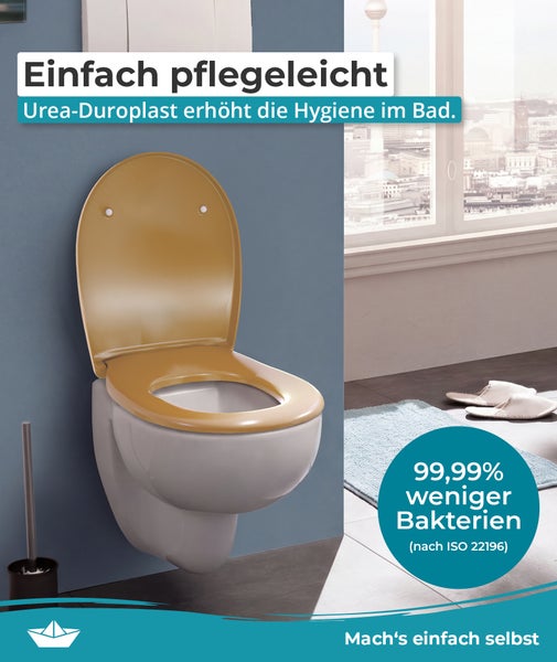 Wand-WC mit Urea-Duroplast Toilettensitz in einem modernen Badezimmer, hygienisch durch antibakterielle Oberfläche.