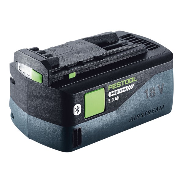 Festool Logo auf einem 18 Volt Lithium-Ionen-Hochleistungs-Akku mit 5,0 Ampere-Stunden, Bluetooth-Funktion und Airstream-Technologie.