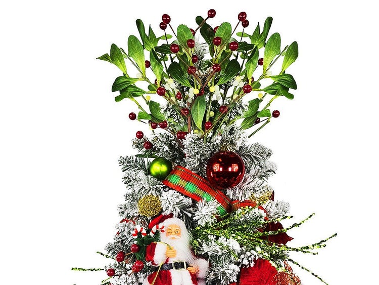 Weihnachtsbaumspitze mit Mistelzweigen, Santa Claus Figur, Schleife und Kugeln, verschneite Optik als Weihnachtsbaumschmuck