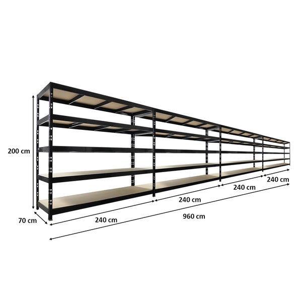 Langes Schwerlastregal mit Holzregalböden und den Maßen 200 x 960 x 70 cm