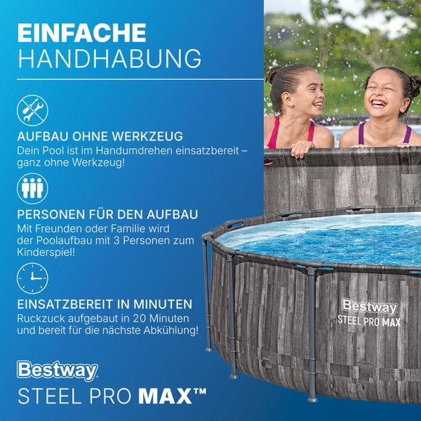 Bestway Steel Pro Max Pool in Holzoptik, zwei lachenden Kindern und Details zum werkzeugfreien Aufbau durch drei Personen in circa zwanzig Minuten.