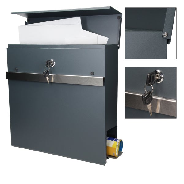 ECD Germany Briefkasten mit Zeitungsfach 37x11x36,5 cm aus Stahl pulverbeschichtet Anthrazit-Grau inkl. 2 Schlüssel, Montagematerial - Moderner Design Wandbriefkasten Postkasten Mailbox Zeitungsrolle