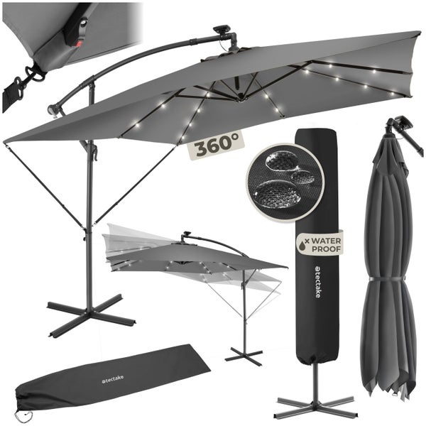 tectake Ampelschirm mit LED-Beleuchtung, 360 Grad Drehung, wasserfestem Stoff, Neigungsfunktion, Standkreuz und Schutzhülle.