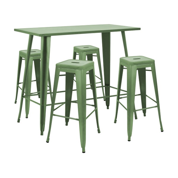 Set aus einem grünen Stehtisch und vier grünen Barhockern aus Metall für Garten oder Terrasse.
