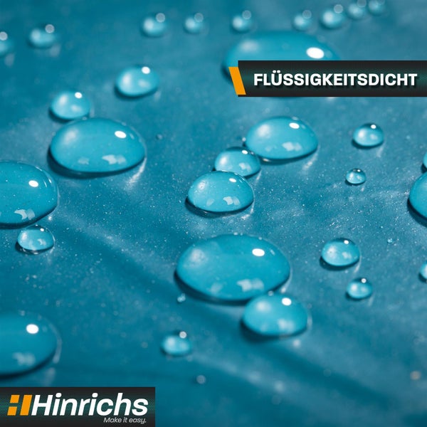 Wassertropfen auf einer flüssigkeitsdichten Oberfläche. Hinrichs Logo.