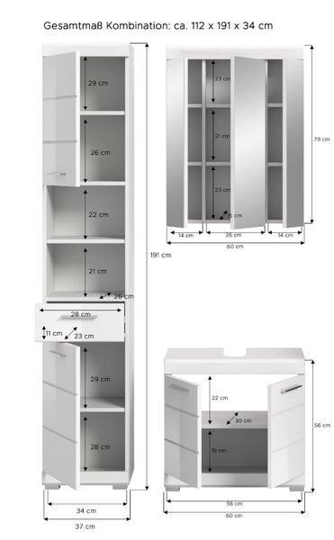 Badezimmermöbel Set mit Maßangaben für Hochschrank, Spiegelschrank und Waschbeckenunterschrank, Gesamtmaß circa 112 x 191 x 34 cm.