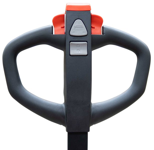 Deichselkopf eines Elektro-Niederhubwagens mit Bedienelementen für Hupe, Heben, Senken und Fahrfunktion.