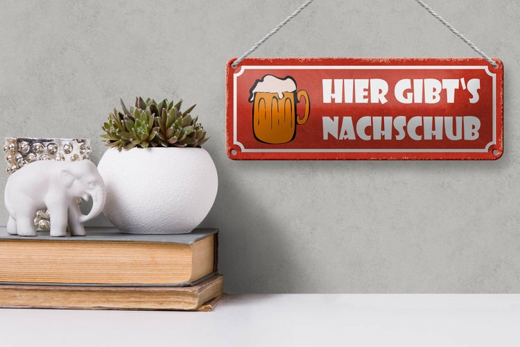 Blechschild Spruch 27x10cm Bier hier gibt`s Nachschub Bierkrug