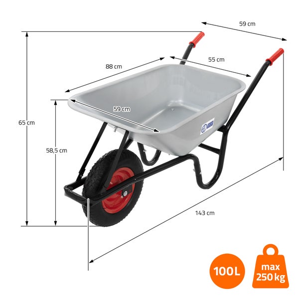 Schubkarre mit Metallwanne, Maße 143 mal 59 mal 65 Zentimeter, Fassungsvermögen 100 Liter, maximale Traglast 250 Kilogramm, ECD Germany Logo.