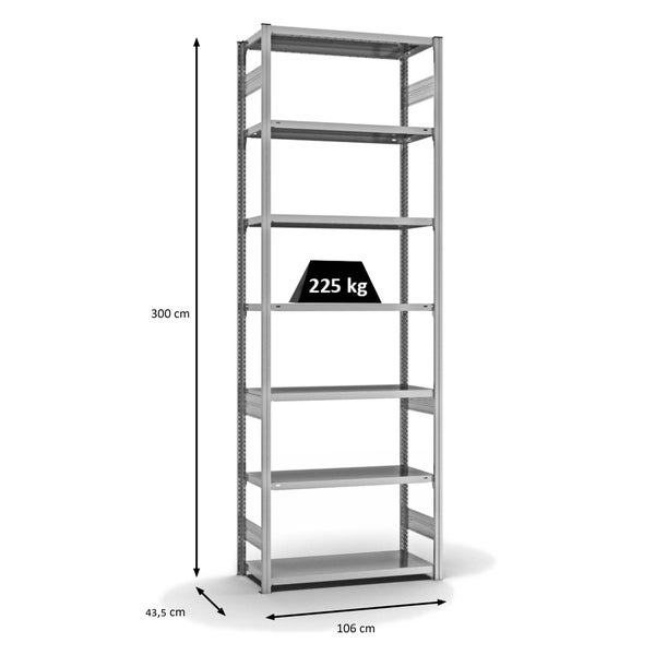 PROREGAL Fachbodenregal Stecksystem T-Profil Medium-Duty Grundregal HxBxT 300 x 100 x 40 cm 7 Ebenen Fachlast 225 kg Beidseitig Nutzbar Verzinkt