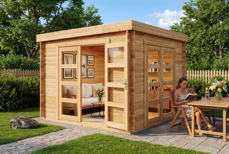Modernes Gartenhaus aus hellem Holz mit Flachdach und großen Glasfronten in einem grünen Garten mit Sitzgruppe und Mähroboter.