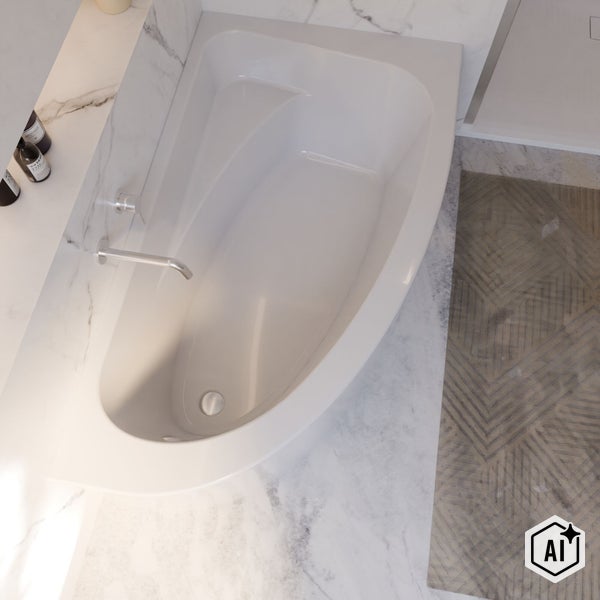 Eckbadewanne in einem modernen Badezimmer mit Marmoroptik und wandmontierter Armatur in der Draufsicht