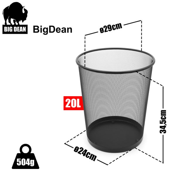 Big Dean Papierkorb aus Metallgitter mit 20 Liter Volumen, Höhe 34,5 Zentimeter, Durchmesser oben 29 Zentimeter, Durchmesser unten 24 Zentimeter.