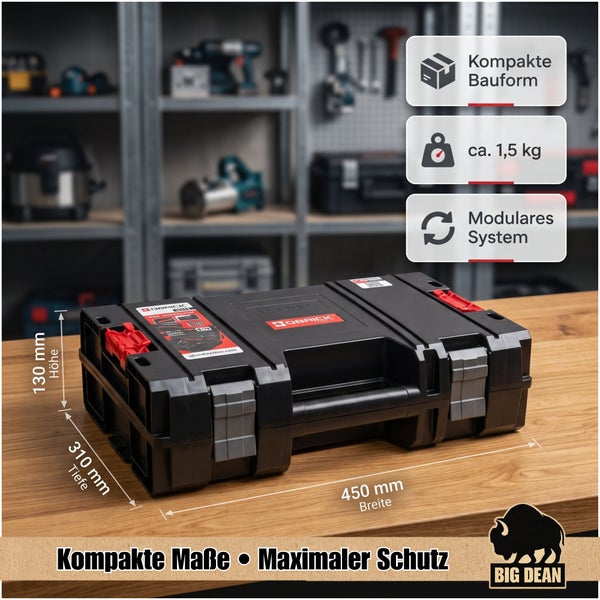 Qbrick System Pro Werkzeugkoffer mit Tragegriff, 450 mal 310 mal 130 Millimeter, kompaktes modulares Design mit etwa 1,5 Kilogramm Gewicht.