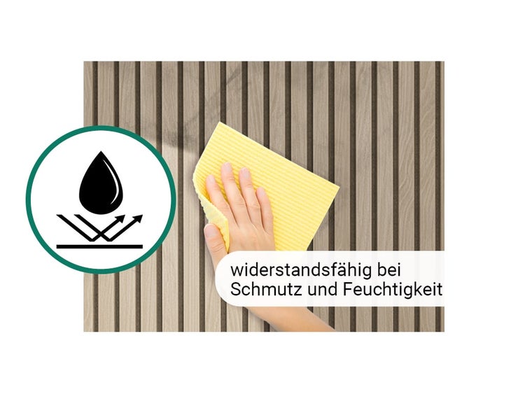 Hand wischt über eine Wandverkleidung mit Lamellenoptik, Symbol für Beständigkeit gegenüber Schmutz und Feuchtigkeit