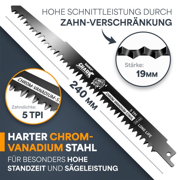 BAURIX® [LONG LIFE] Säbelsägeblätter Holz, 5 Stück, 240 mm, 5 TPI, Sägeblatt Säbelsäge für schnelle und saubere Schnitte, Säbelsägeblatt für Grobholz, Nassholz, Brennholz, lebendes Holz