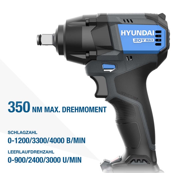 Hyundai Akku Schlagschrauber 20 Volt mit bürstenlosem Motor, 350 Newtonmeter maximales Drehmoment, Schlagzahl bis 4000 Schläge pro Minute