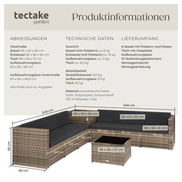 Rattan Lounge tectake Verona mit Sicherheitsglasplatte für 6 Personen natur