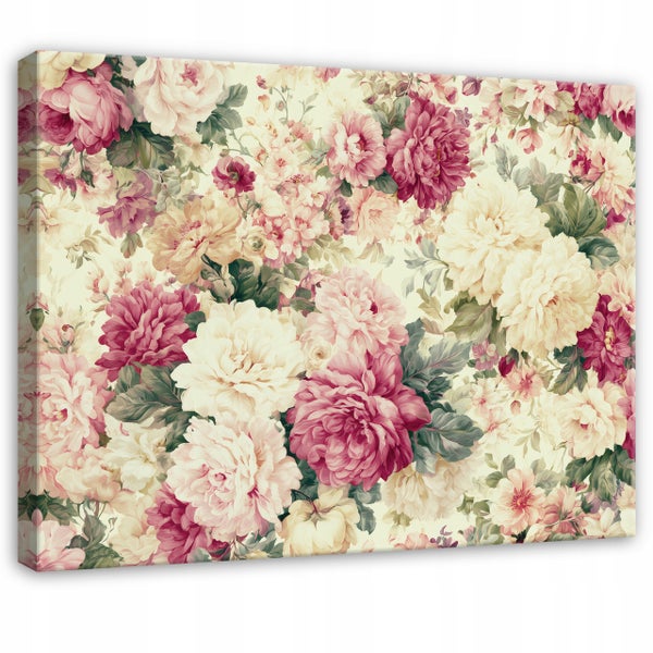 Wandbild auf Leinwand mit detailreichem floralem Motiv aus blühenden Pfingstrosen im Vintage Stil
