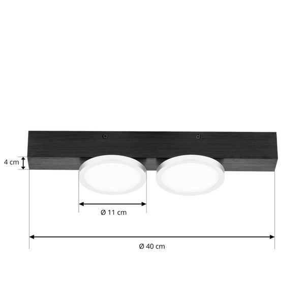 Deckenleuchte mit zwei runden LED-Leuchten und einer Holzhalterung mit den Maßen 40 mal 11 cm