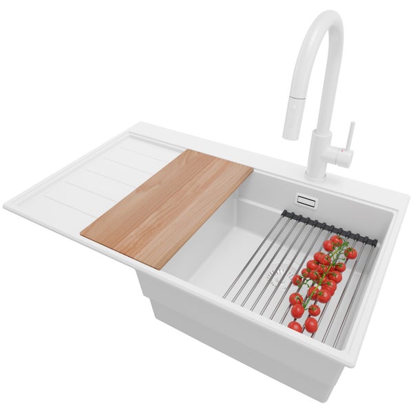 PRIMAGRAN Granitspüle Alles Weiß 78x50cm, Spülbecken 1 Becken + Küchenarmatur 40x20cm + Ablauf-Set + Küchenzubehörset, Küchenspüle ab 45er Unterschrank - Sydney