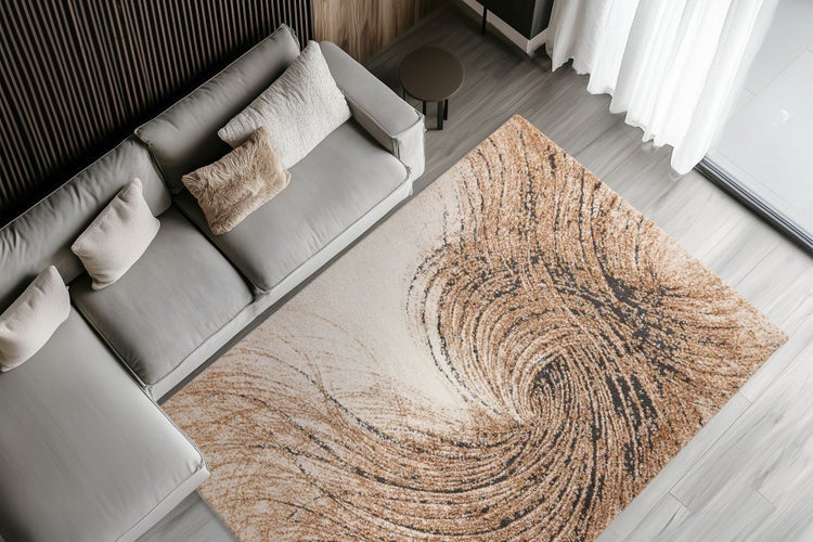 Wohnzimmer mit modernem Sofa und rechteckigem Webteppich mit geschwungenem Muster in einer Draufsicht.