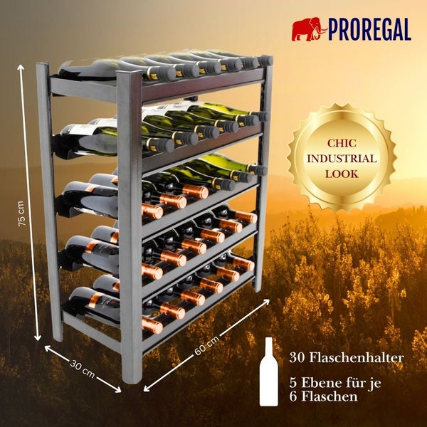 ProRegal Weinregal aus Metall für 30 Flaschen, 5 Ebenen, Maße 75 mal 60 mal 30 Zentimeter, industrielles Design, ProRegal Logo.