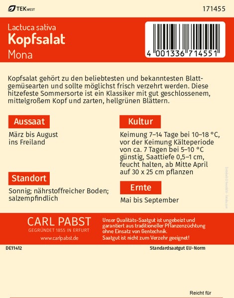 Rückseite einer Samentüte für Kopfsalat Mona von Carl Pabst mit Informationen zu Aussaat, Kultur, Standort und Ernte.