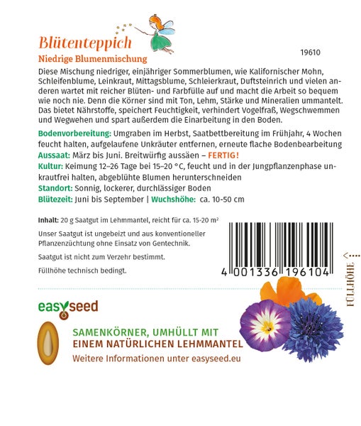 Rückseite der Saatgutpackung Blütenteppich von easyseed. Details zu Aussaat, Standort, Blütezeit und Wuchshöhe der niedrigen Blumenmischung.