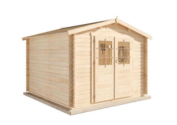 Gartenhaus aus Holz mit Satteldach und einer Doppeltür mit Lichtausschnitten.