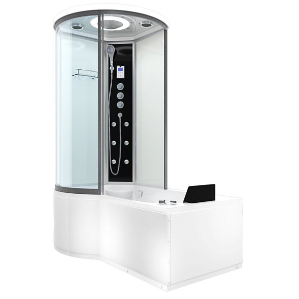 Kombinierte Badewanne und Duschkabine mit Massagedüsen, Handbrause, Regendusche, digitalem Display und Kopfstütze.