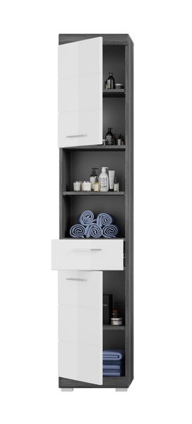 Moderner Badezimmer-Hochschrank mit zwei weißen Türen, einer Schublade und offenen Regalfächern in dunkelgrauer Holzoptik.